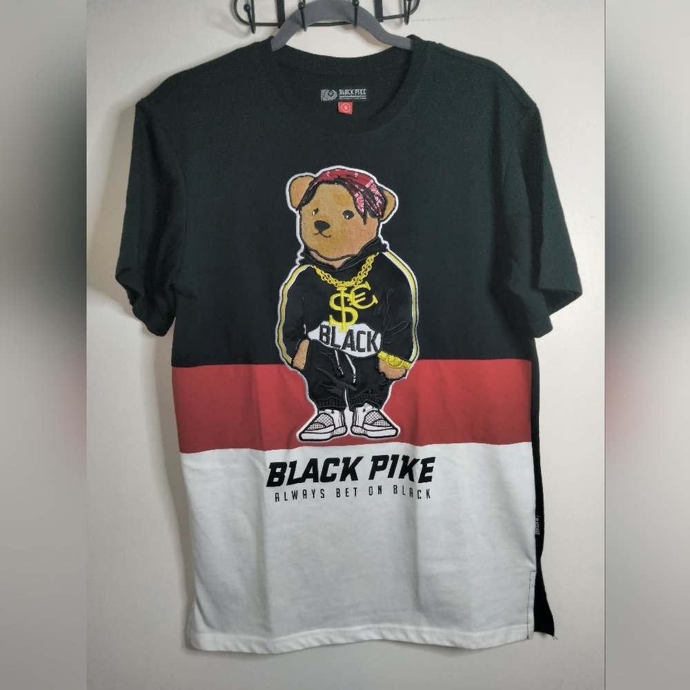 Black Pike (Size S) Men's Colorblock Side Vent Hem SS Graphic Applique Shirt